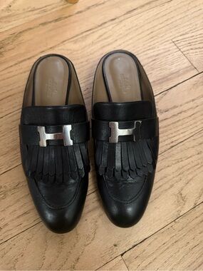 Hermes Black Leather Fringe Loafers with Silver Hardware